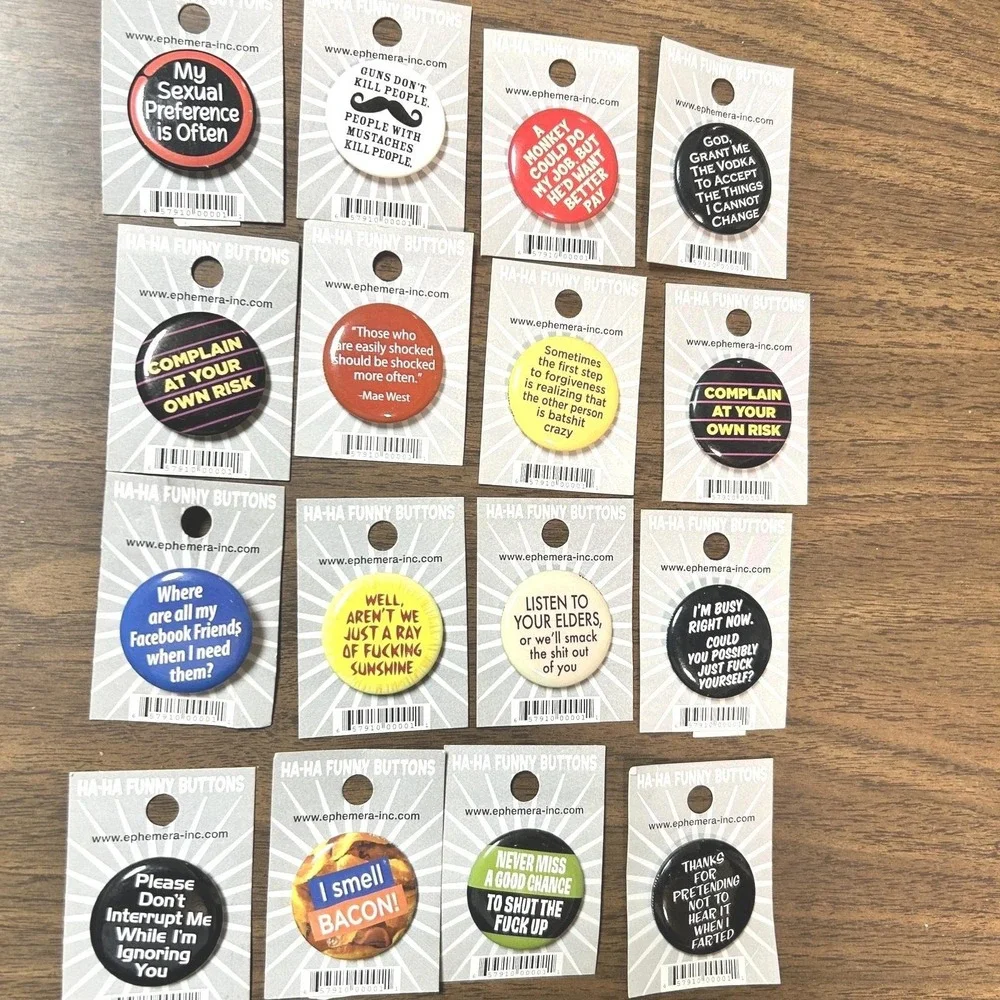 Ephemera Ha-Ha Funny Buttons Pin Lot of 24 Multicolor NEW Sarcastic Snarky